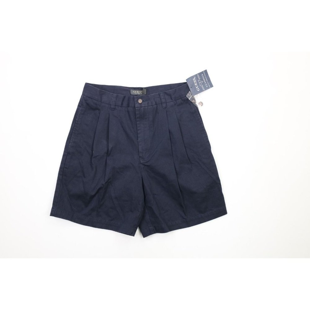 NOS Vintage 90s Guess Mens 30 Spell Out Above Knee Pleated Chino Shorts Navy